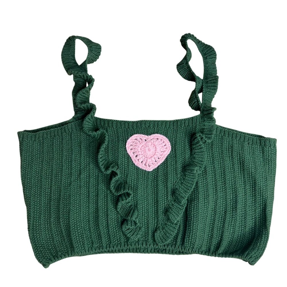 Cider Crop Sweater Tank Knit Size‎ L Green Pink Heart NWT